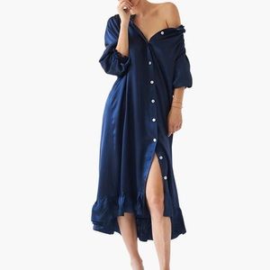 Sleeper 100% silk satin full button down ruffle midi dress, navy, silk duster